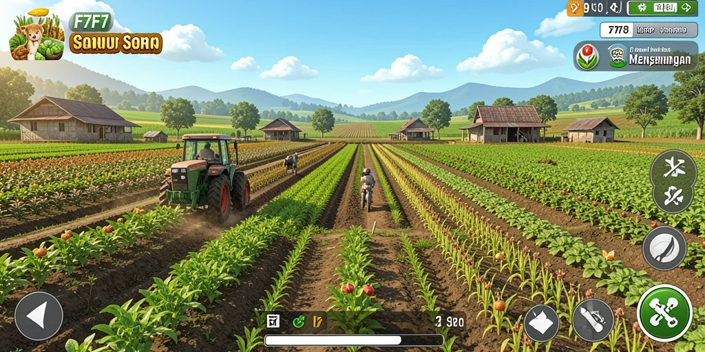 Screenshot gameplay F7F7 menunjukkan petani sedang bercocok tanam.
