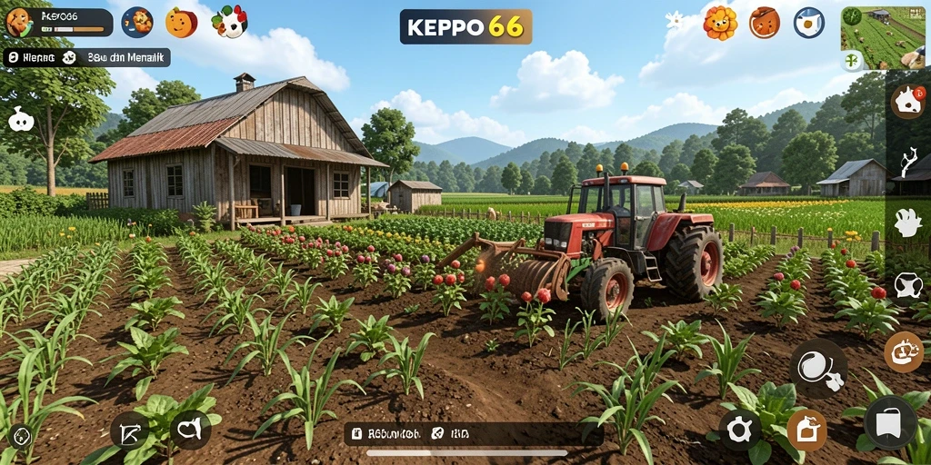 Screenshot gameplay KEPO66 dengan aktivitas bertani yang seru.